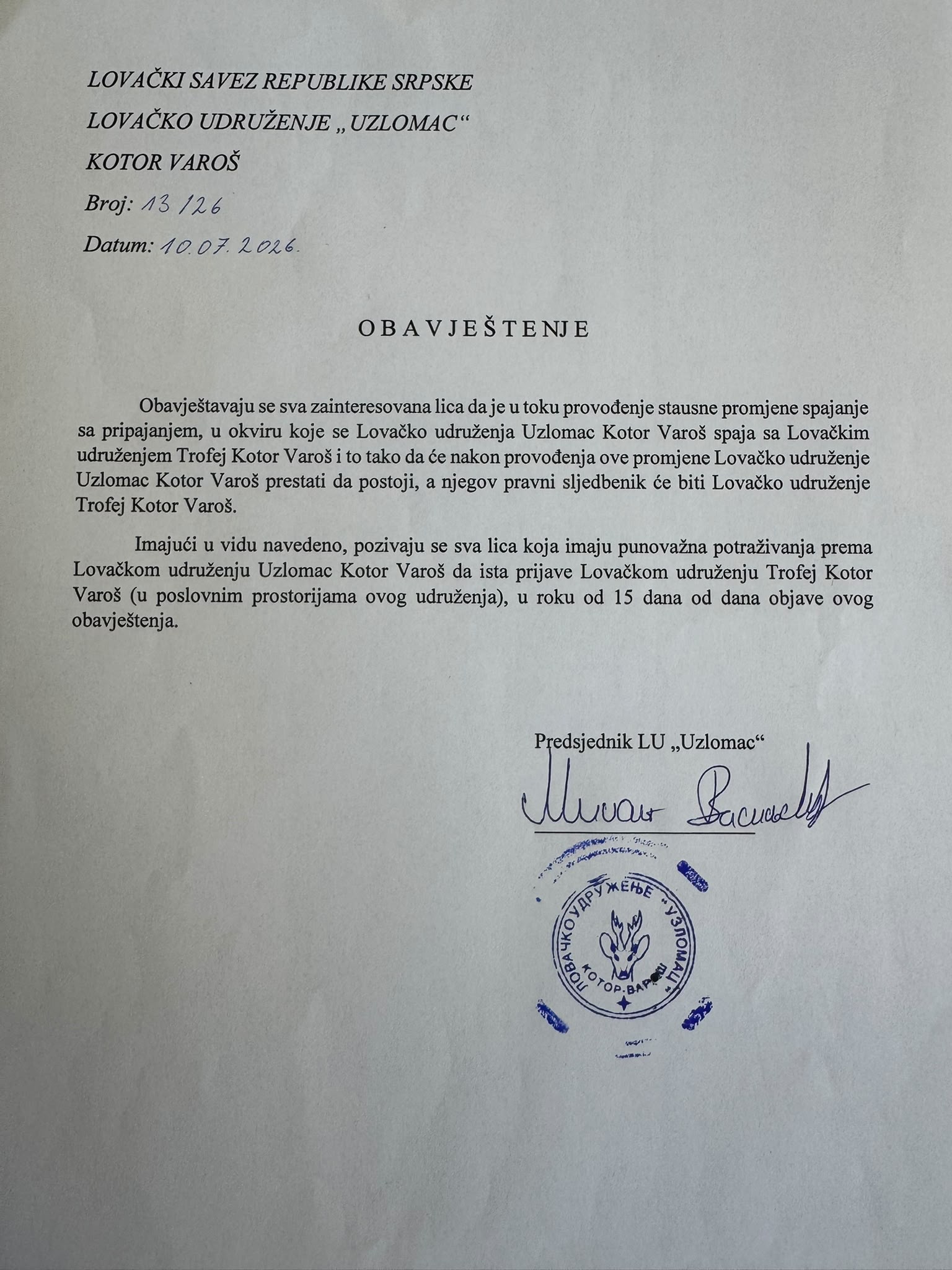 Obavještenje LU „Uzlomac“ Kotor Varoš o provođenju statusne promjene - spajanje uz pripajanje